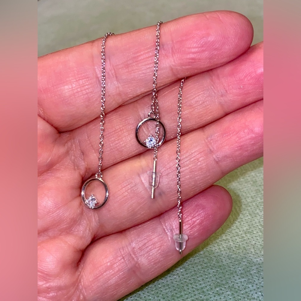 Delicate 925 Sterling Silver Circle Threader Earrings with Clear Stone